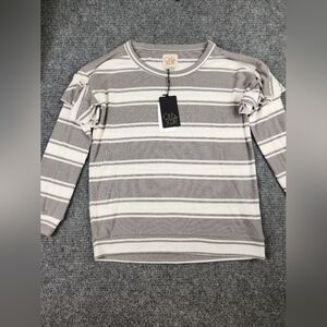 Chaser Women's Ruffle Shoulder Long Sleeve Striped Top Gray White Sz Medium NWT